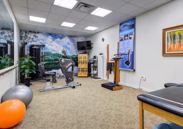 A fitness room in a senior living facility with exercise equipment including a recumbent bike, weight machine, dumbbells on a rack, exercise balls, and a balance platform. The room has a large wall mural of a scenic lake and forest, a wall-mounted TV, a poster with health information, and a framed painting on the wall.