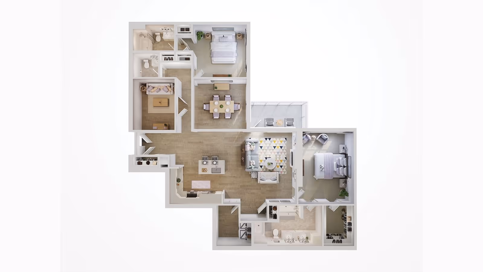 3D floor plan of a senior living apartment featuring two bedrooms, two bathrooms, a kitchen with an island, a dining area with a table and six chairs, a living room with sofas and a TV, and a balcony with two chairs and a small table.