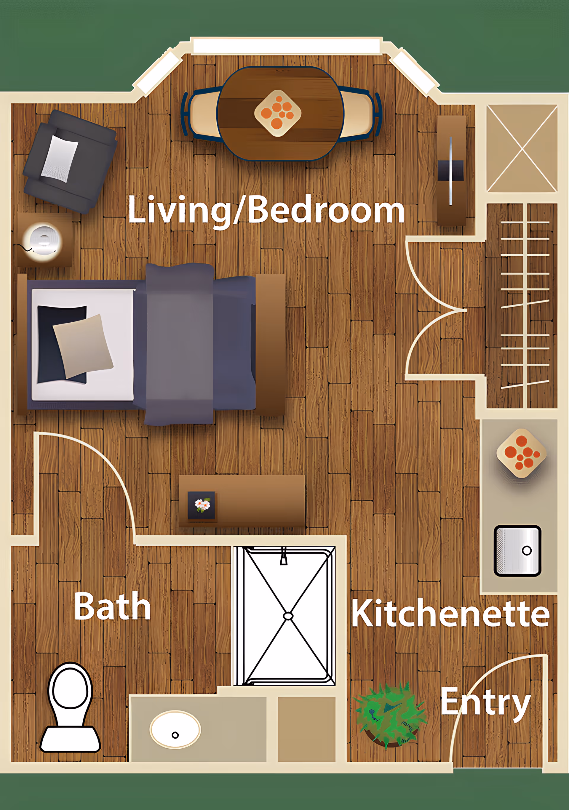 Top-down illustrated floor plan of a studio unit showing a combined living/bedroom with bed, seating and dining table, a bathroom, kitchenette and entry.