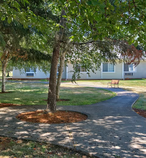 A shaded outdoor pathway curves around a tree with green leaves, leading to a bench on a grassy area in front of a single-story building with white siding and multiple windows.