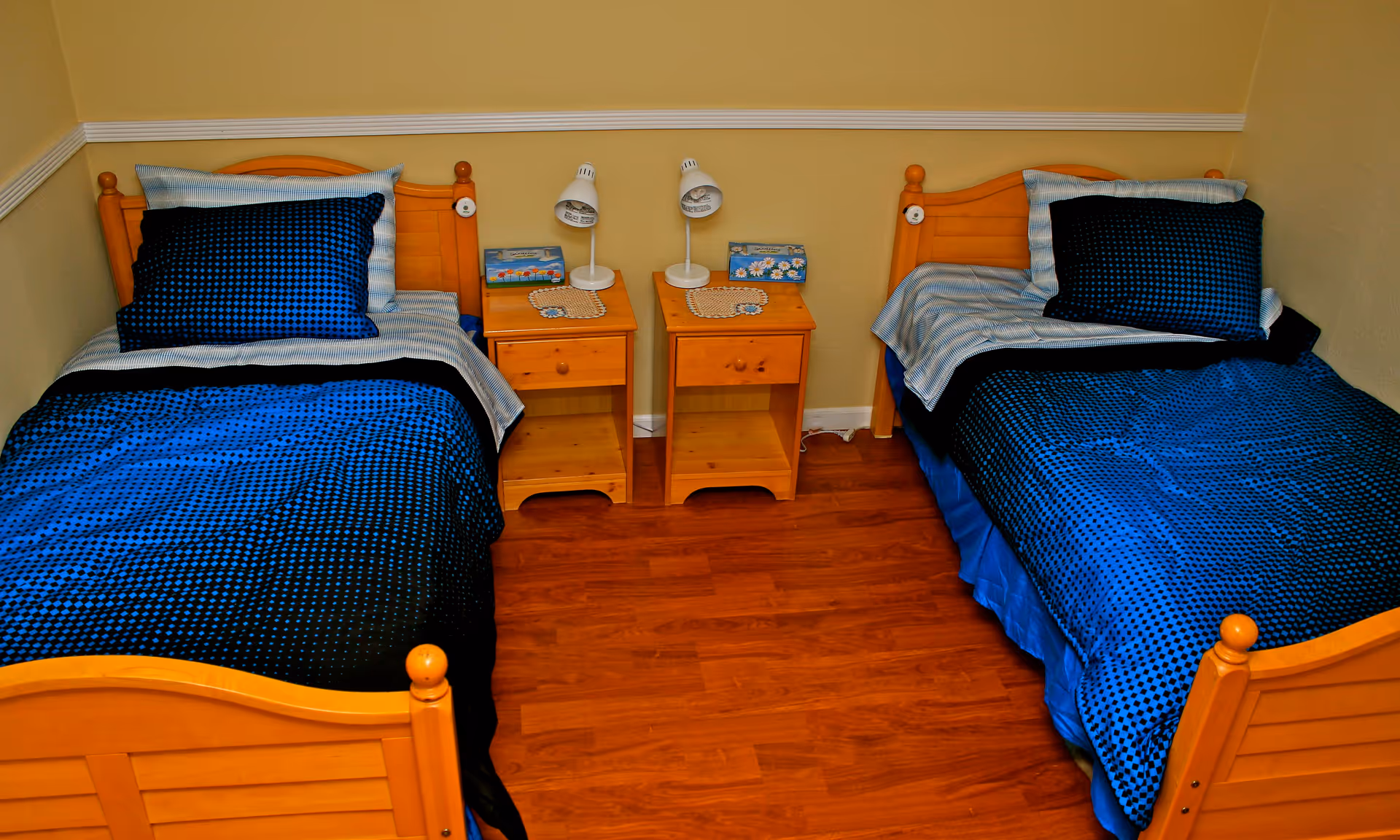 A bedroom with two single beds separated by two wooden nightstands. Each bed has blue and black bedding with pillows, and each nightstand has a white lamp and a tissue box on top. The walls are painted yellow with white trim.