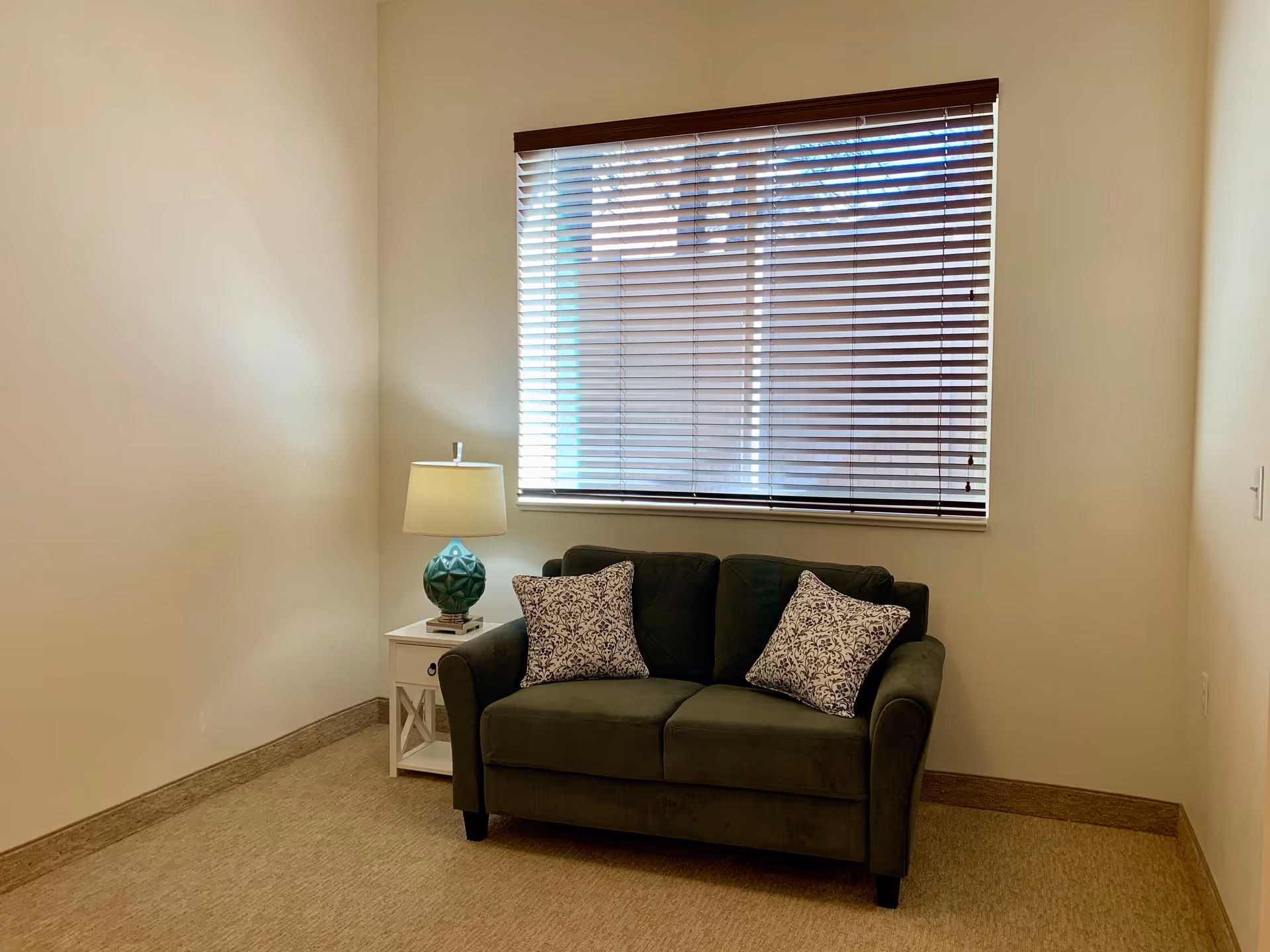 A small living area with a dark green loveseat adorned with two patterned throw pillows. Next to the loveseat is a white side table with a teal lamp on top. Behind the loveseat is a window with closed horizontal blinds, allowing some light to filter through. The walls are light-colored and the floor is carpeted.