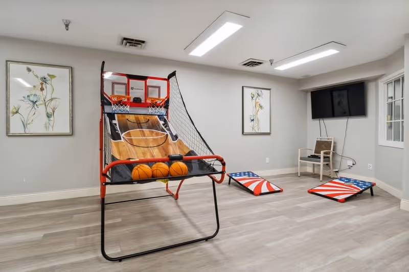 Indoor recreational room with a basketball arcade game featuring three basketballs, two cornhole boards with American flag designs, a wall-mounted TV, a chair, and framed floral artwork on the walls.