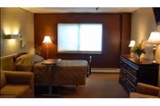 A cozy, well-lit room with a single hospital-style bed, a bedside table with a lamp, a dresser with a lamp and flowers, two armchairs, and a window with closed blinds.
