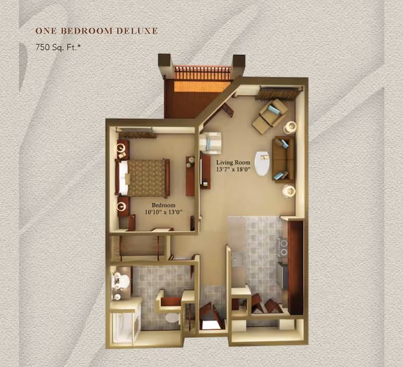 Floor plan of a one bedroom deluxe apartment with 750 square feet. The layout includes a bedroom measuring 10 feet 10 inches by 13 feet, a living room measuring 13 feet 7 inches by 18 feet, a kitchen area, a bathroom with a shower, and a small balcony or patio area.