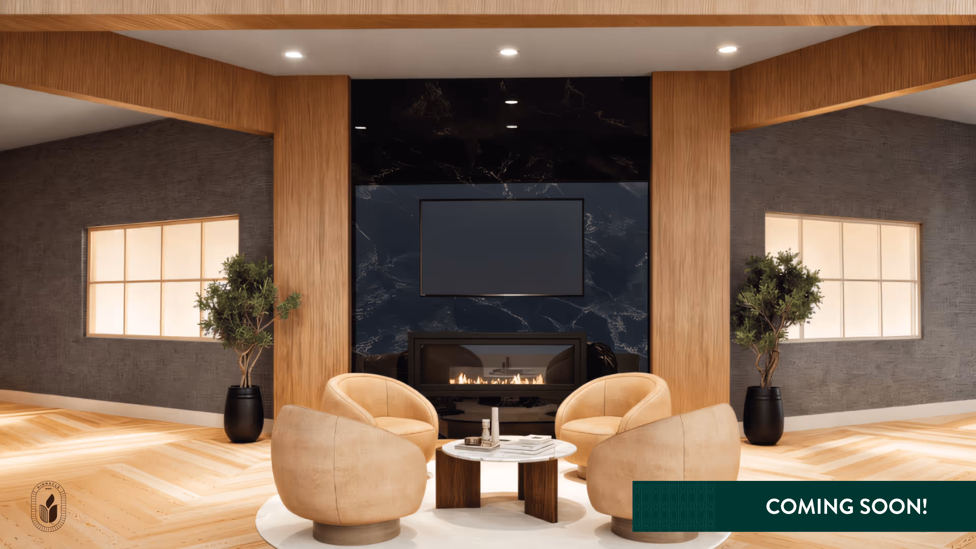 Modern lounge with four rounded beige chairs around a small table facing a fireplace and wall-mounted TV, wood-paneled accents and potted plants.
