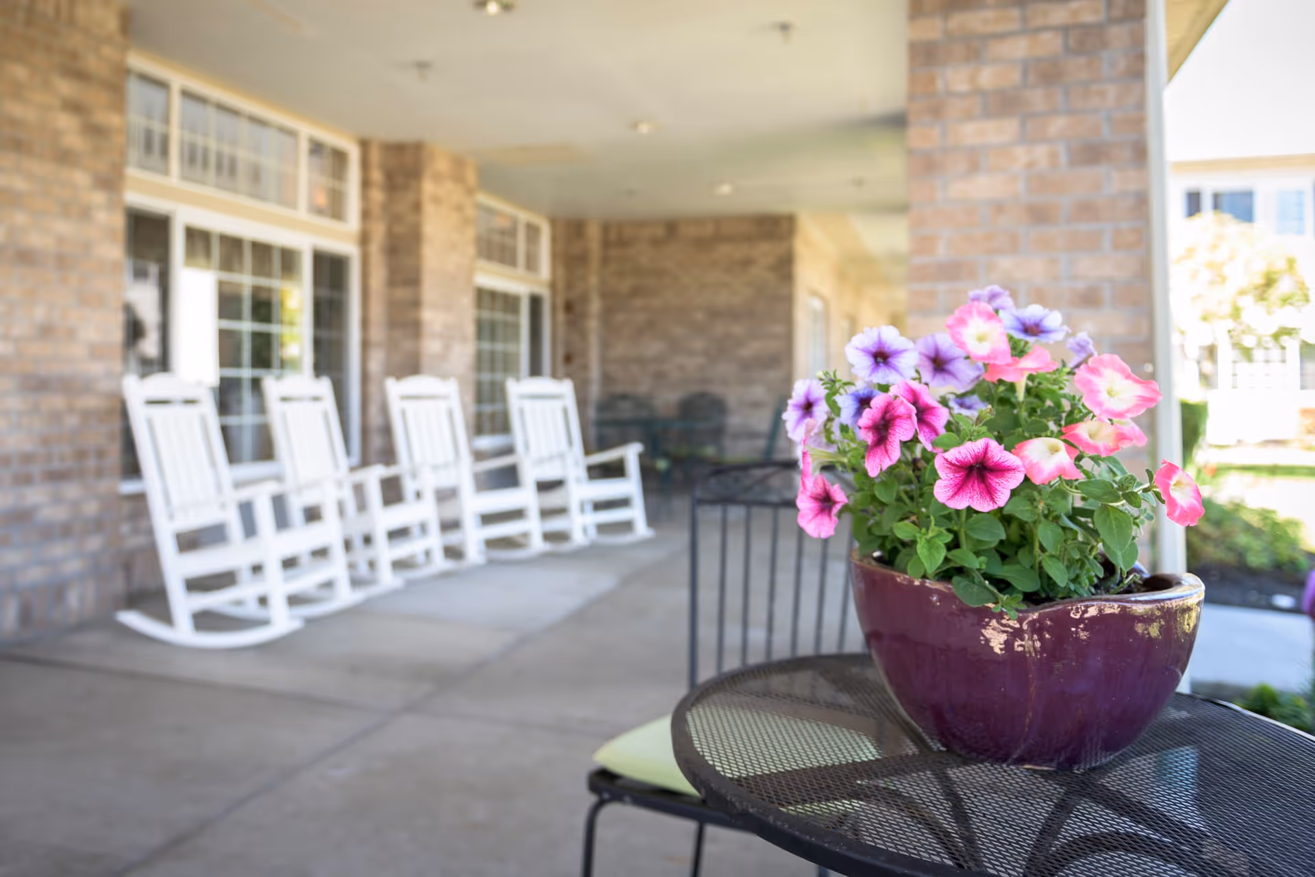 A covered outdoor patio area with a row of white rocking chairs along a brick wall and a black metal table with a purple flower pot containing pink and purple flowers in the foreground.