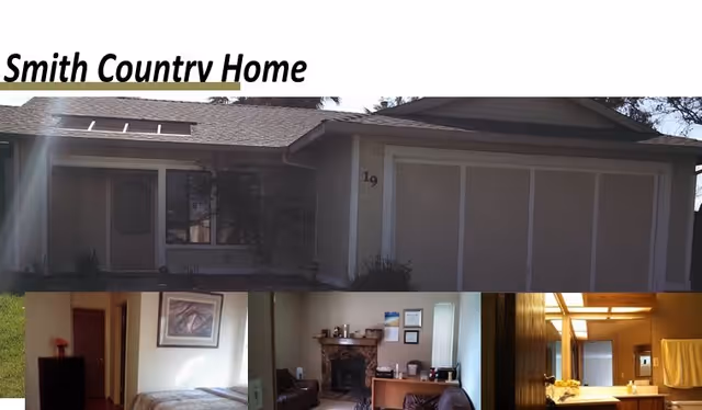 Exterior front view of Smith Country Home, a single-story building with a garage and a front door with windows. Below are smaller images showing an interior bedroom with a bed and framed artwork, a cozy living room with a stone fireplace and seating, and a bathroom with a sink, mirror, and towel.