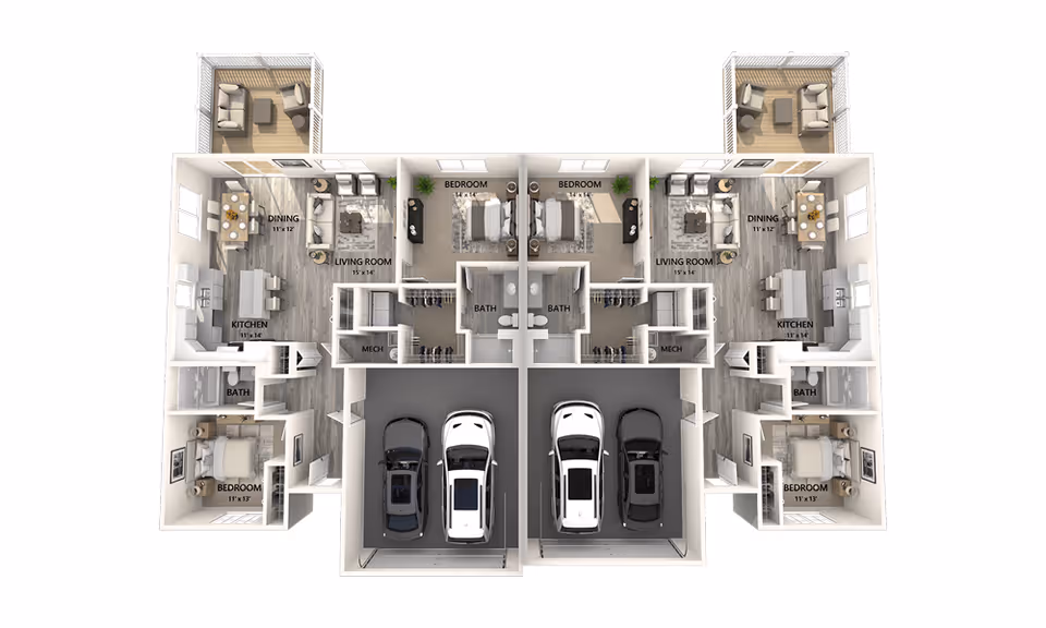3D floor plan of a duplex unit showing two mirrored living spaces each with a living room, dining area, kitchen, two bedrooms, two bathrooms, and a garage with two cars parked inside. Each unit has a balcony with outdoor seating.