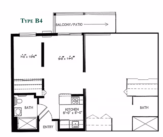 Black-and-white floor plan labeled 'Type B4' showing rooms including a kitchen, two baths, an entry, and a balcony/patio.