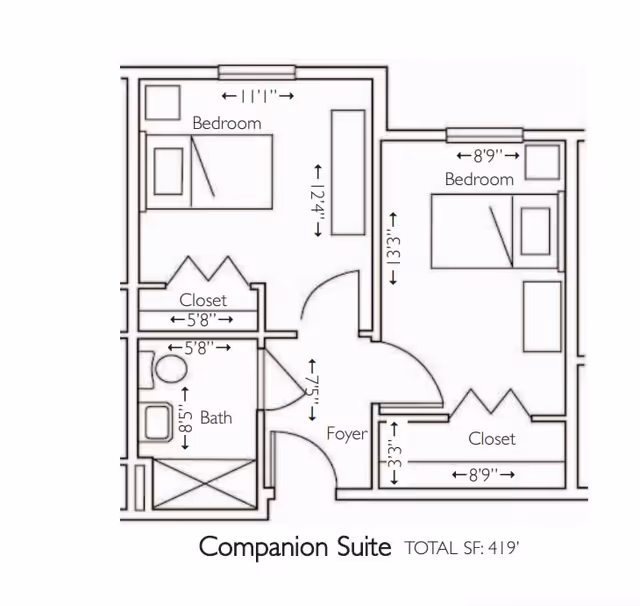 Floor plan of a companion suite at Morningside House of Friendship showing two bedrooms, each with a closet, a shared bathroom, and a foyer. Dimensions for each room and closet are indicated.
