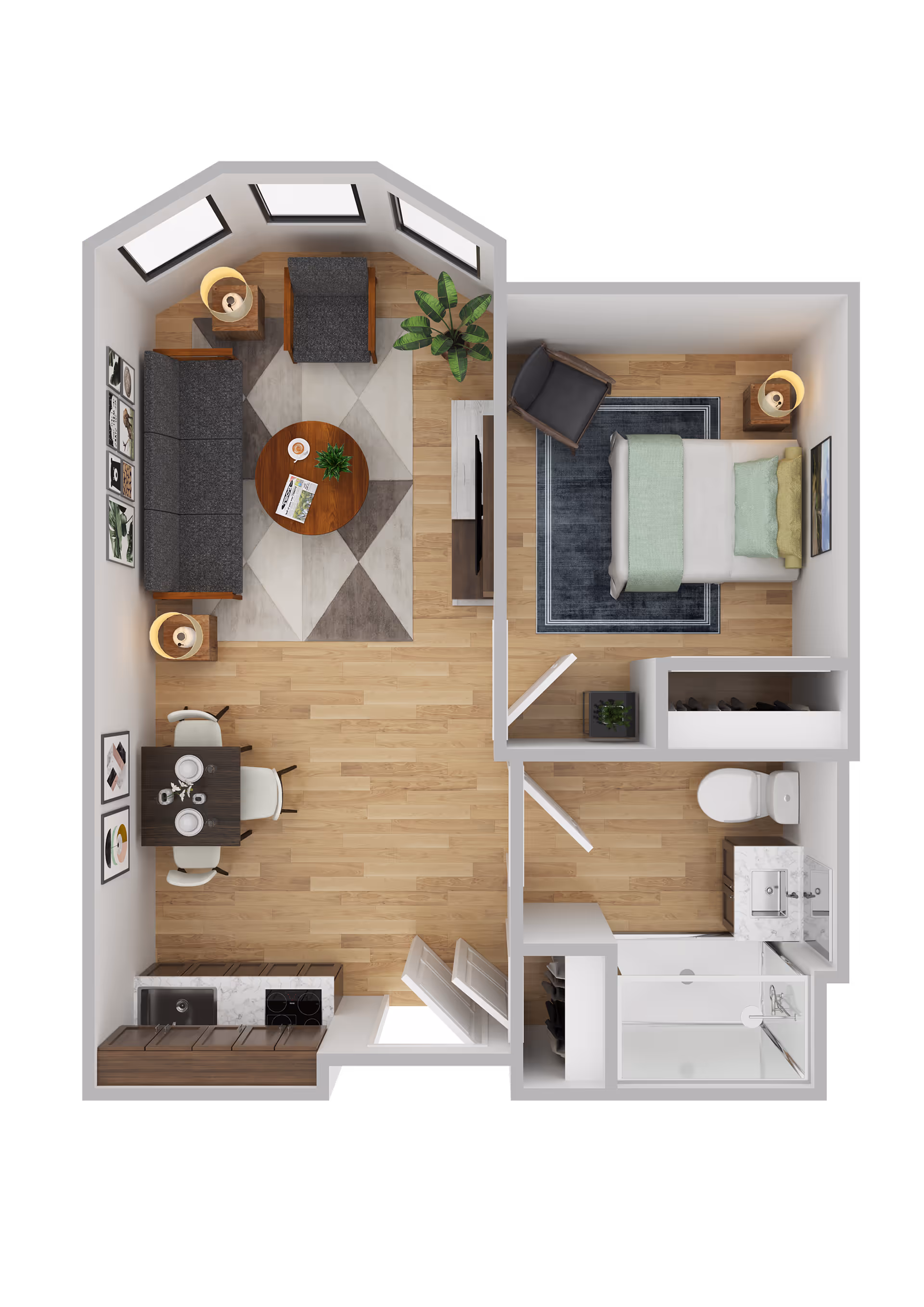 Top-down view of a one-bedroom apartment floor plan featuring a living room with a sofa, armchair, coffee table, and TV, a dining area with a table set for two, a kitchen with a sink and stove, a bedroom with a bed, armchair, and nightstand, and a bathroom with a toilet, sink, and shower.