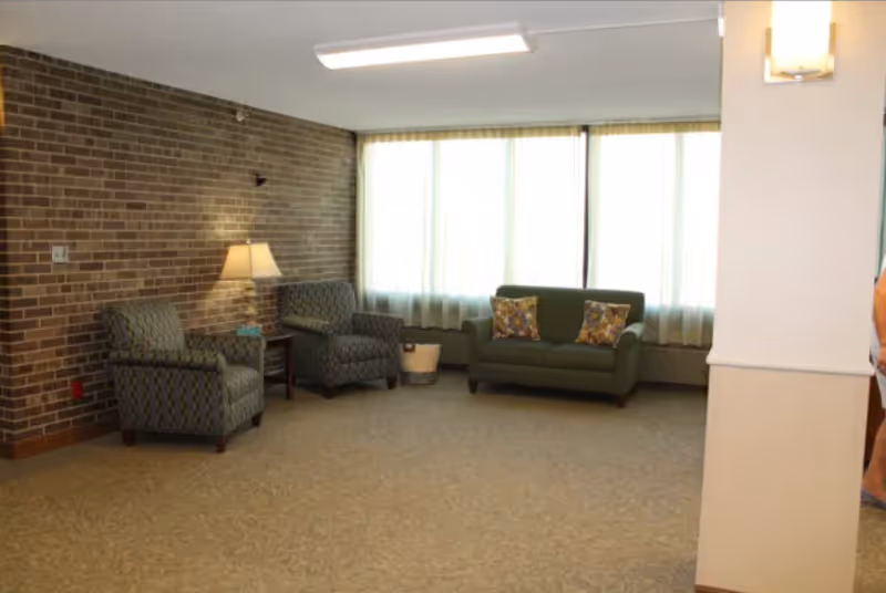 A seating area in a room with a brick wall on the left, two patterned armchairs with a small table and lamp between them, and a green loveseat with two floral pillows in front of large windows covered with sheer curtains. The floor is carpeted and there is a white column on the right side of the image.