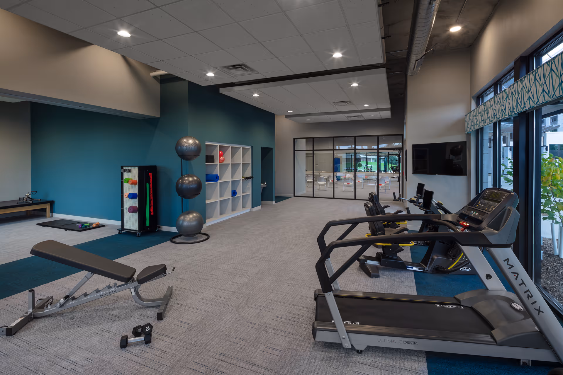 A modern fitness room with exercise equipment including a treadmill, stationary bikes, an adjustable bench, dumbbells, exercise balls, and shelves with yoga mats and other workout accessories. The room has large windows on one side, grey carpeted flooring, and a teal accent wall.