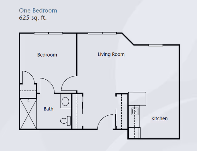 Floor plan of a one-bedroom apartment with 625 square feet, showing a bedroom, bathroom, living room, and kitchen.