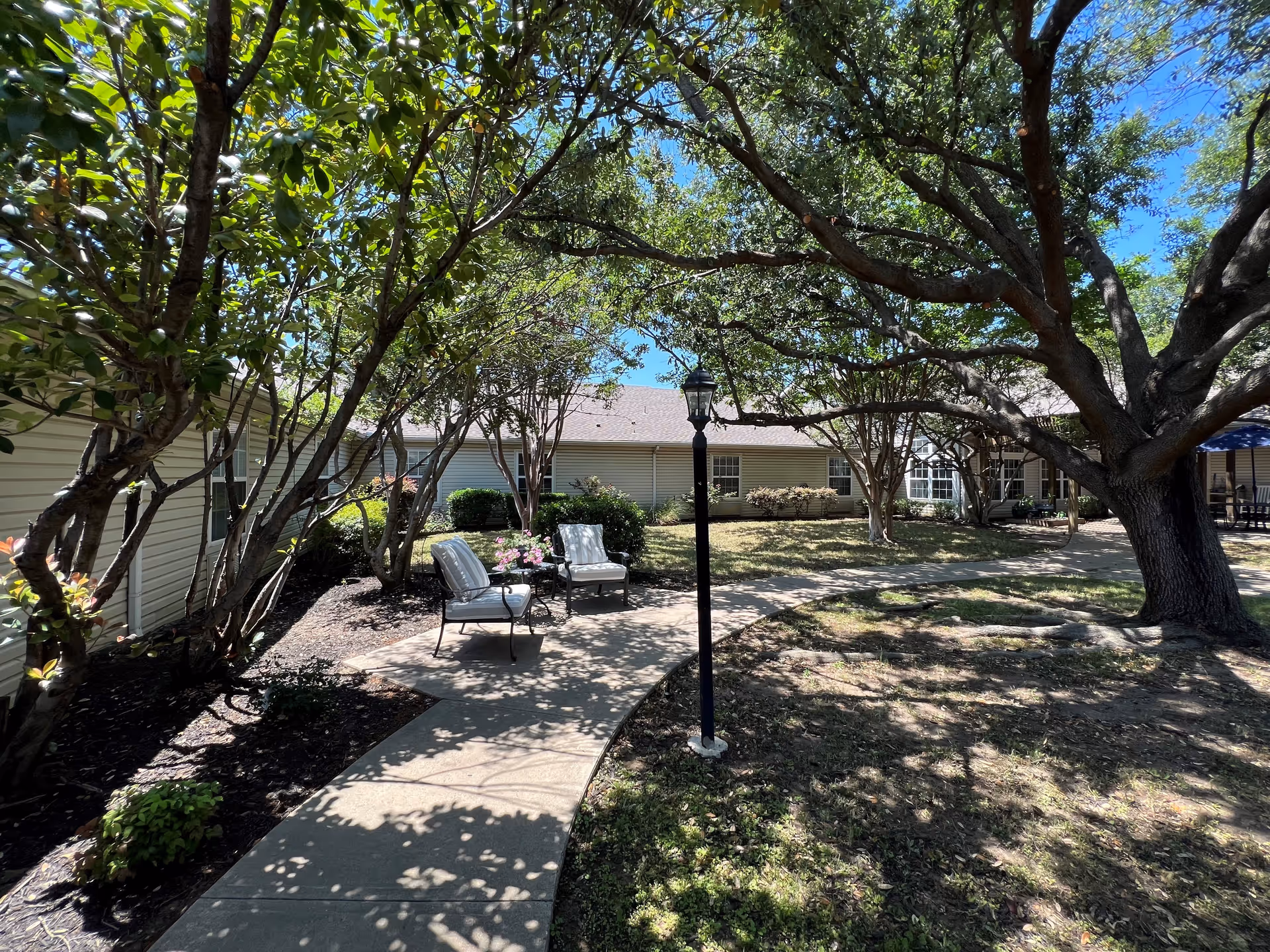 Outdoor garden area at Carrollton Gardens featuring a curved concrete walkway, two cushioned chairs with a small table between them, surrounded by trees and shrubs providing shade. A lamppost stands near the chairs, and the building with beige siding and windows is visible in the background under a clear blue sky.
