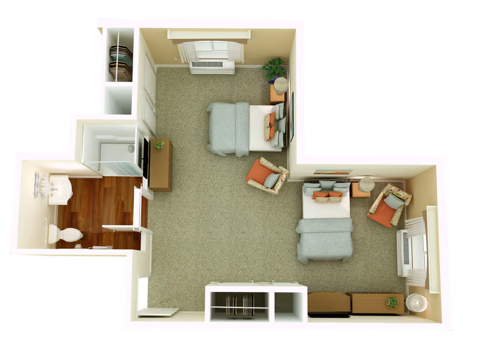 Top-down view of a senior living facility room layout featuring two beds, two armchairs, two nightstands with lamps, a dresser, a closet, and a bathroom with a toilet, sink, and shower. The room has carpeted flooring except for the bathroom which has wood flooring.
