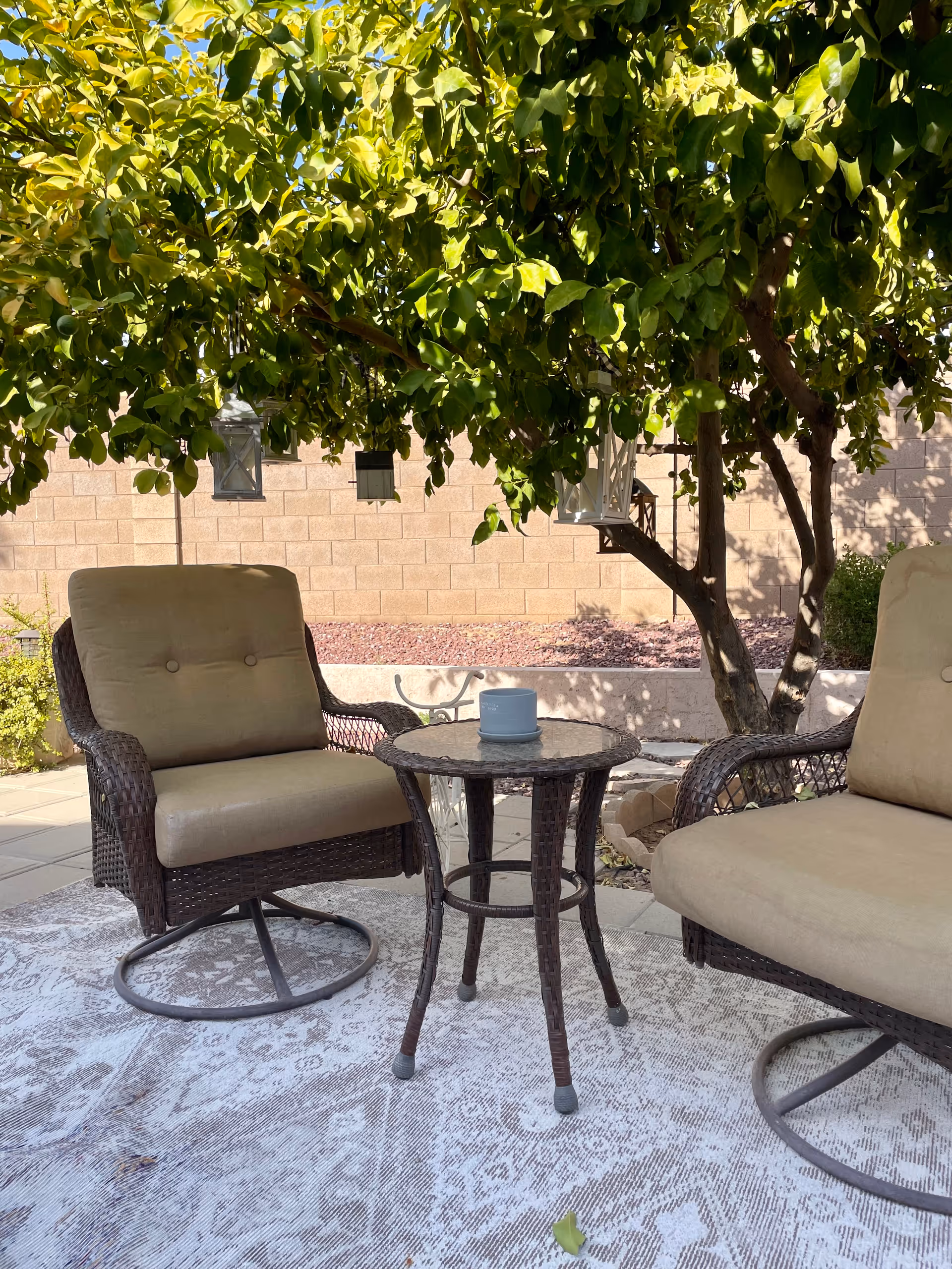 Two cushioned wicker patio chairs and a small round wicker table under a leafy tree on a sunlit outdoor patio.