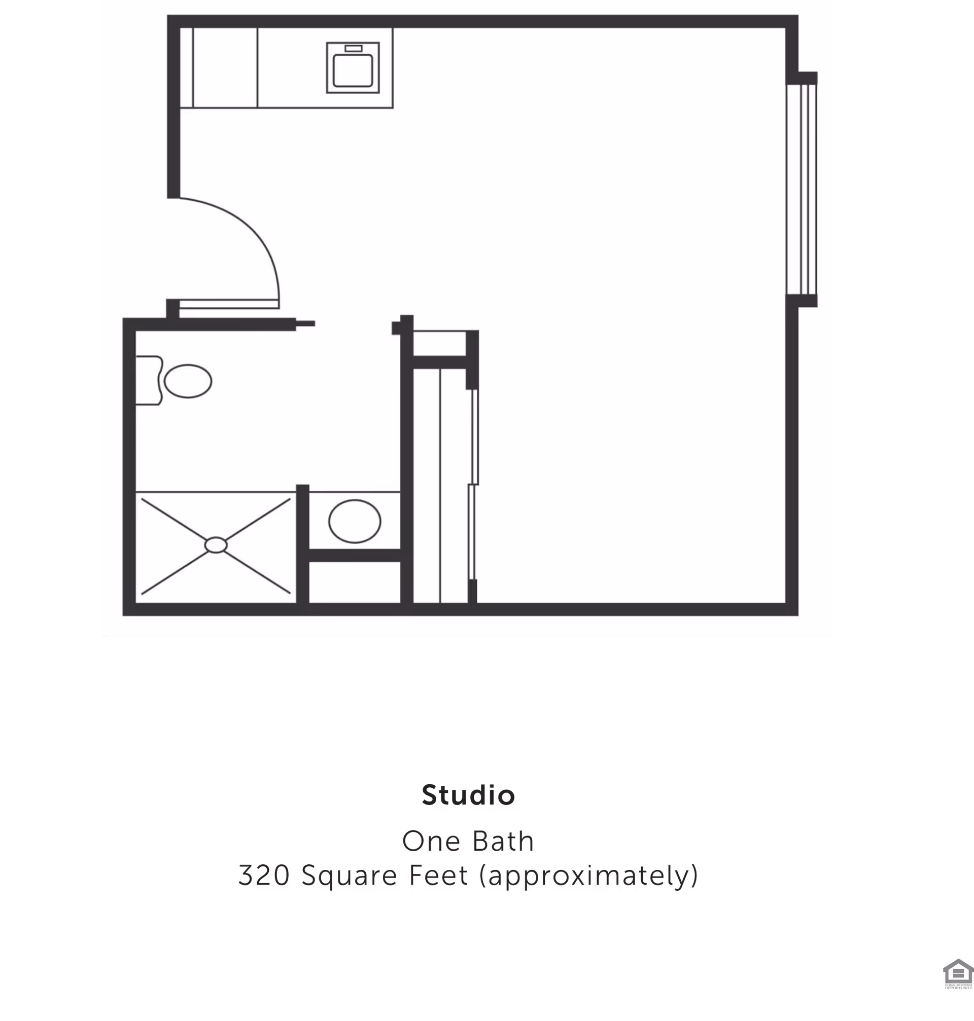 Floor plan of a studio apartment with one bathroom, approximately 320 square feet. The layout includes a bathroom with a toilet, shower, and sink, a small kitchen area with a sink, and an open living/sleeping space.