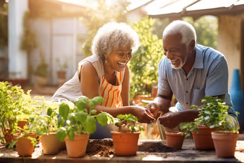 Two smiling older adults tending potted plants in an outdoor garden.