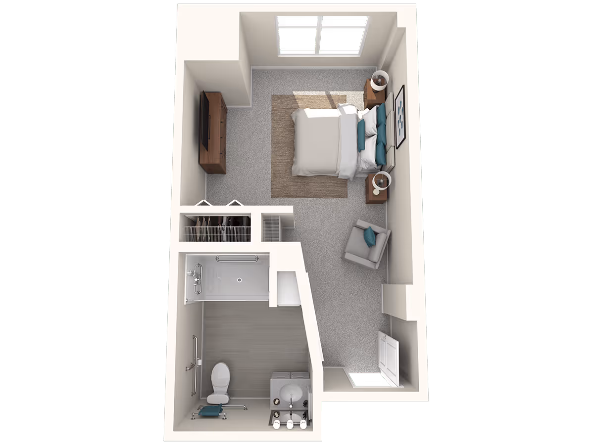 3D floor plan of a senior living unit featuring a bedroom with a bed, two nightstands with lamps, an armchair, a dresser with a TV, a closet, and an attached bathroom with a shower, toilet, and sink.