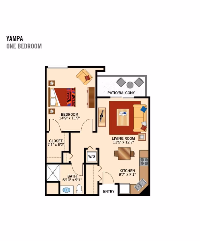 Colored one-bedroom apartment floor plan showing a bedroom, closet, bathroom, living room, kitchen, patio/balcony and entry.