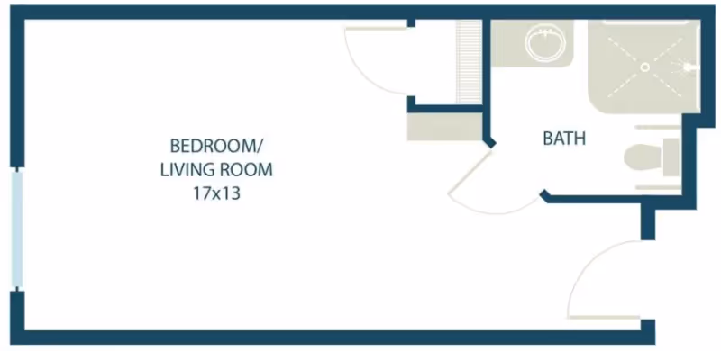 Floor plan of a studio apartment at Woodland Terrace of Carmel showing a combined bedroom and living room area measuring 17 by 13 feet, a bathroom with a shower, sink, and toilet, and an entry door with a closet near the bathroom.