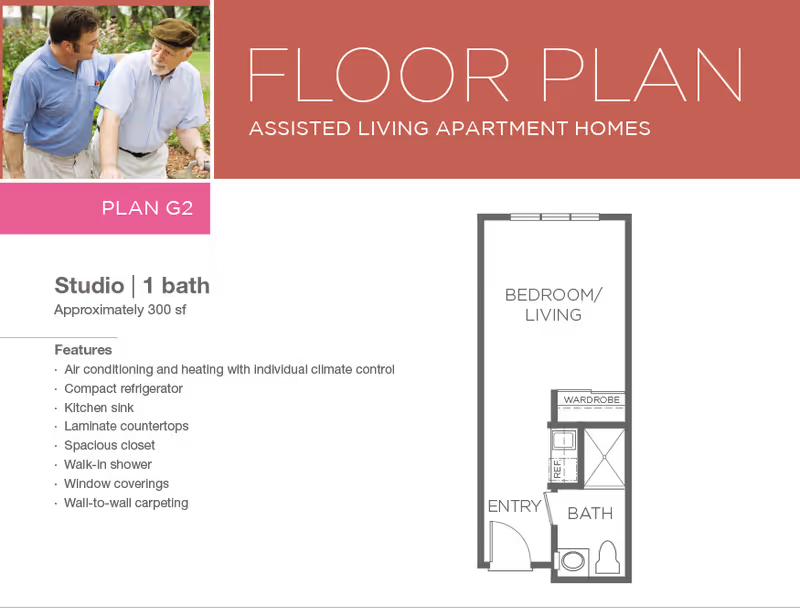 Floor plan layout for a studio apartment with 1 bath in an assisted living facility. The plan includes features such as air conditioning and heating with individual climate control, compact refrigerator, kitchen sink, laminate countertops, spacious closet, walk-in shower, window coverings, and wall-to-wall carpeting. The image also shows a photo of two men, one assisting the other, in an outdoor setting.