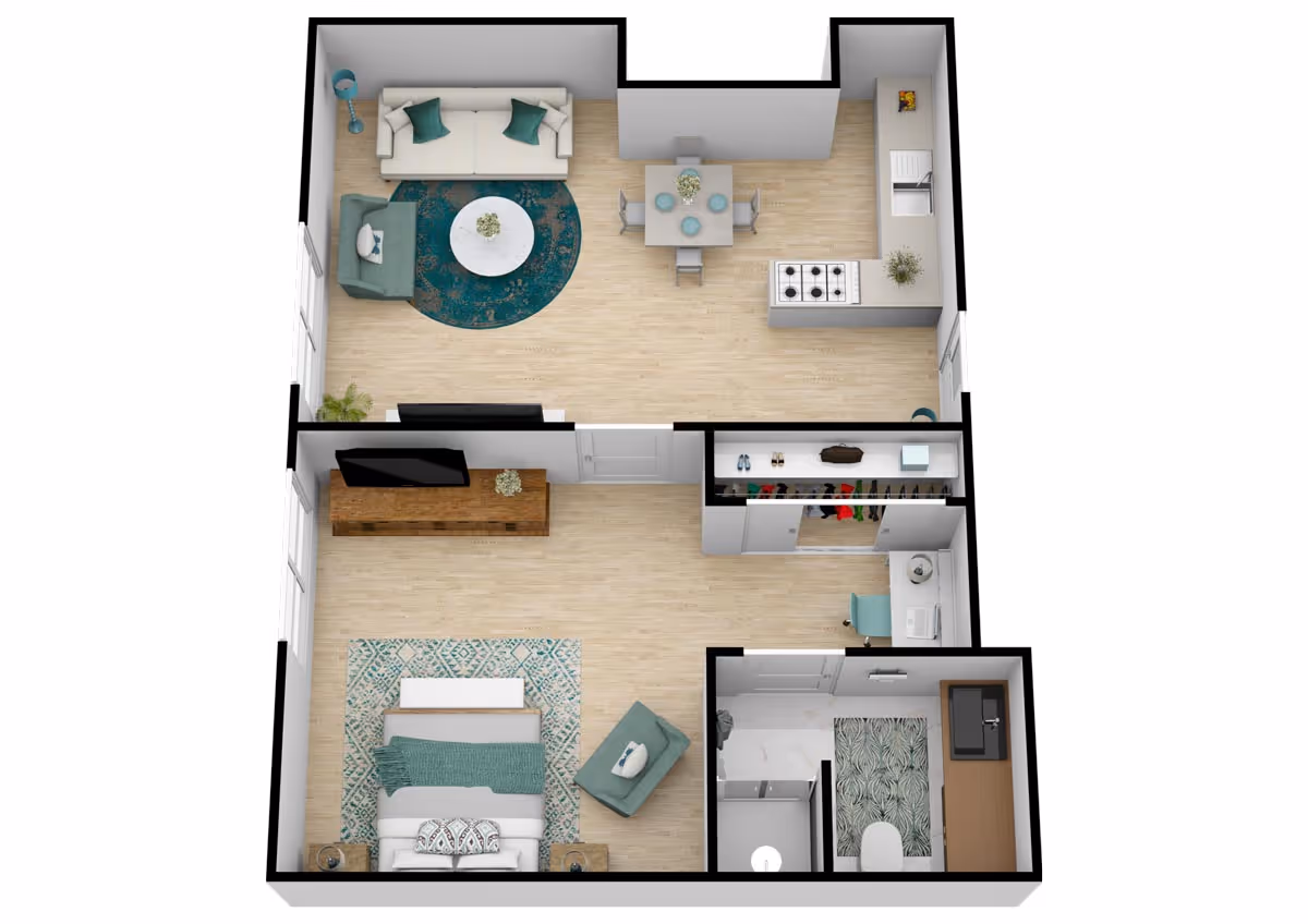 3D floor plan of a one-bedroom apartment featuring a living room with a sofa, armchair, round rug, and coffee table; a dining area with a square table and four chairs; a kitchen with a stove, sink, and counter space; a bedroom with a bed, nightstands, armchair, and TV; a bathroom with a shower, toilet, and sink; and a closet with hanging clothes and a small desk area.