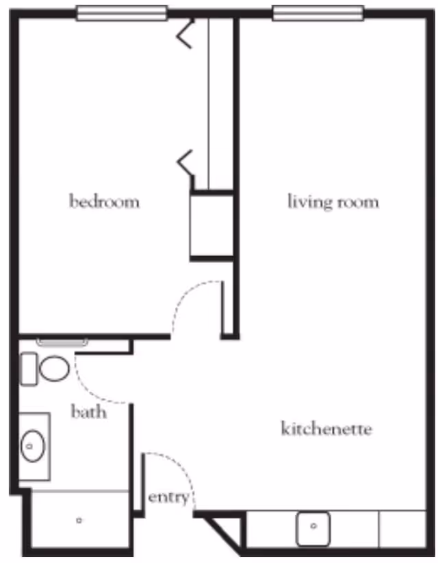 Floor plan layout of a senior living unit at Atria Rancho Mirage showing a bedroom, living room, kitchenette, bathroom, and entry area.