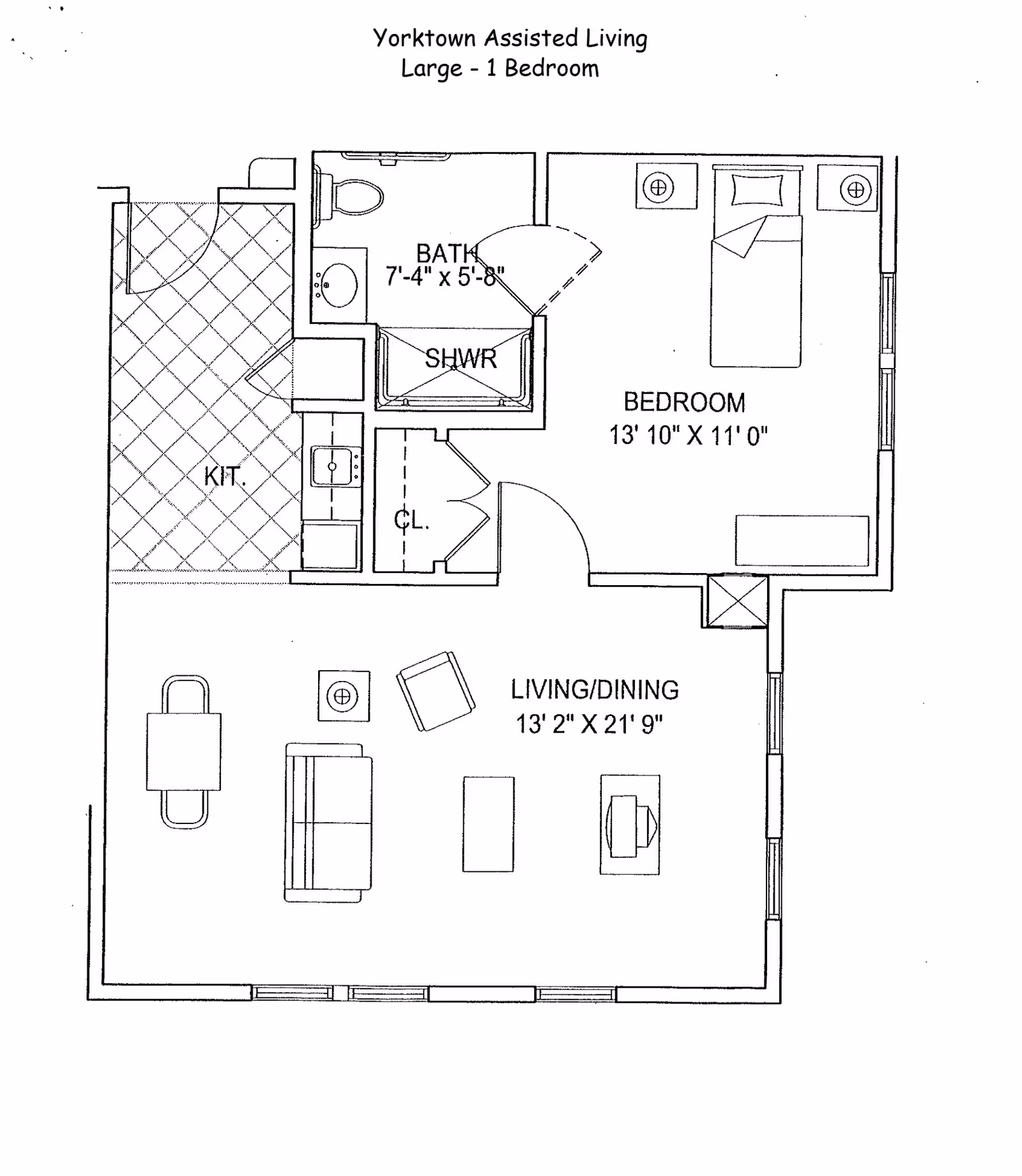 Floor plan of Yorktown Assisted Living Residence large one-bedroom unit showing a bedroom, bathroom with shower, kitchen, closet, and combined living and dining area with furniture layout and room dimensions.