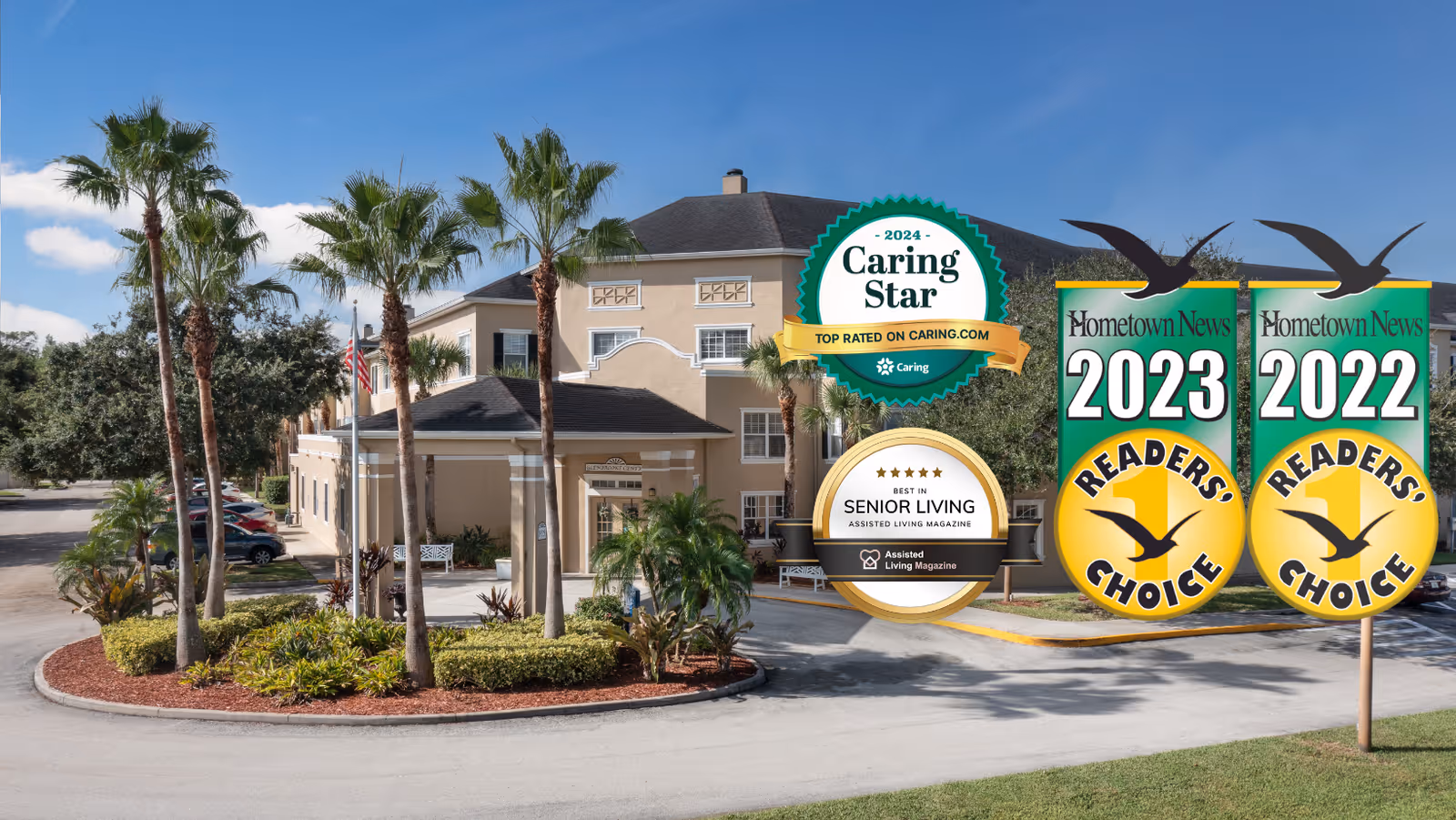 Exterior view of Glenbrooke Senior Living facility with palm trees and a circular driveway. The building is beige with a dark roof and has multiple windows. There are several award badges overlaid on the image, including Caring Star 2024, Best in Senior Living by Assisted Living Magazine, and Hometown News Readers' Choice awards for 2022 and 2023.