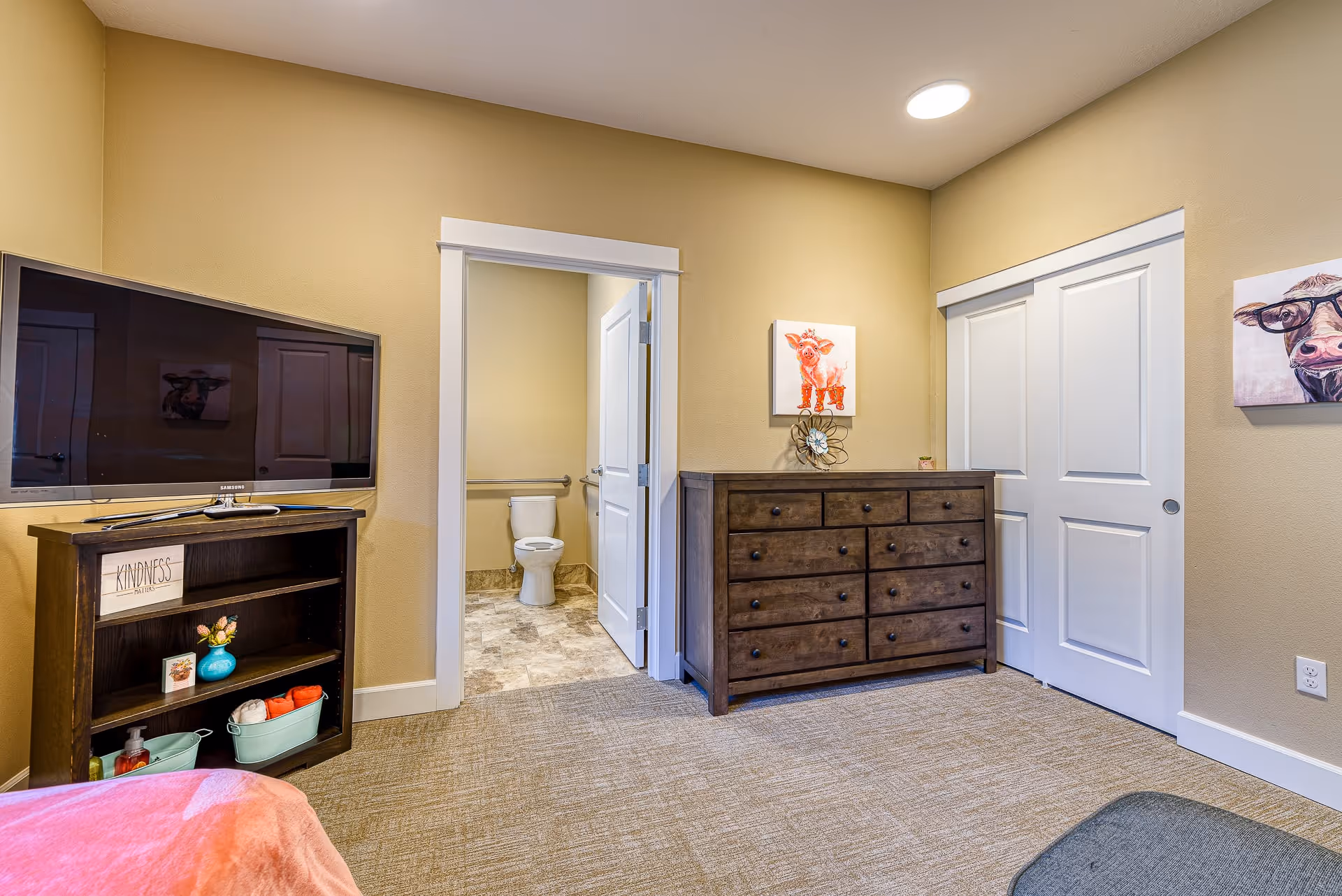 Interior view of a room with beige walls and carpeted floor. The room features a dark wooden dresser with multiple drawers, a small bookshelf with a television on top, and two colorful paintings of animals on the walls. An open door reveals a bathroom with a toilet and tiled floor.