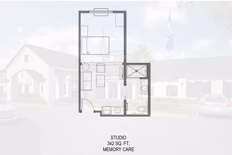 Architectural floor plan of a studio apartment for memory care, showing a 342 square feet layout with a living area, bathroom, and kitchenette.