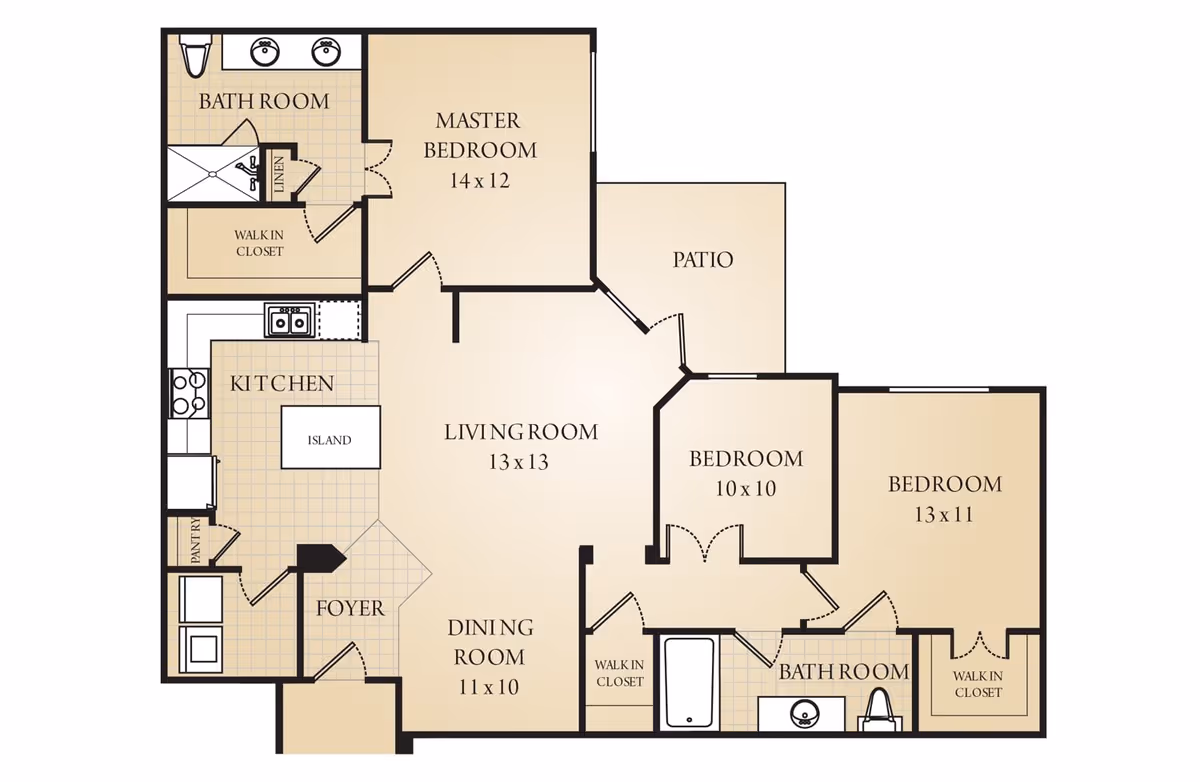 Floor plan of a residential unit at Watercrest at Bryan showing a master bedroom with attached bathroom and walk-in closet, two additional bedrooms with a shared bathroom, a kitchen with an island and pantry, a dining room, a living room, a foyer, and a patio.