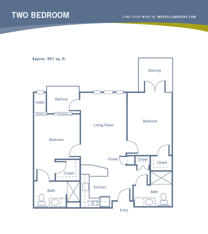 Floor plan of a two-bedroom apartment approximately 957 square feet, showing two bedrooms each with a balcony, two bathrooms, a living room, a kitchen, closets, an entry, and an HVAC area.