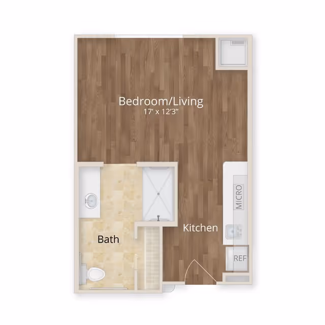 Floor plan of a studio apartment at The Grandview of Chisholm Trail showing a combined bedroom and living area measuring 17 feet by 12 feet 3 inches, a kitchen area with a microwave and refrigerator, and a bathroom with a sink, toilet, and shower.
