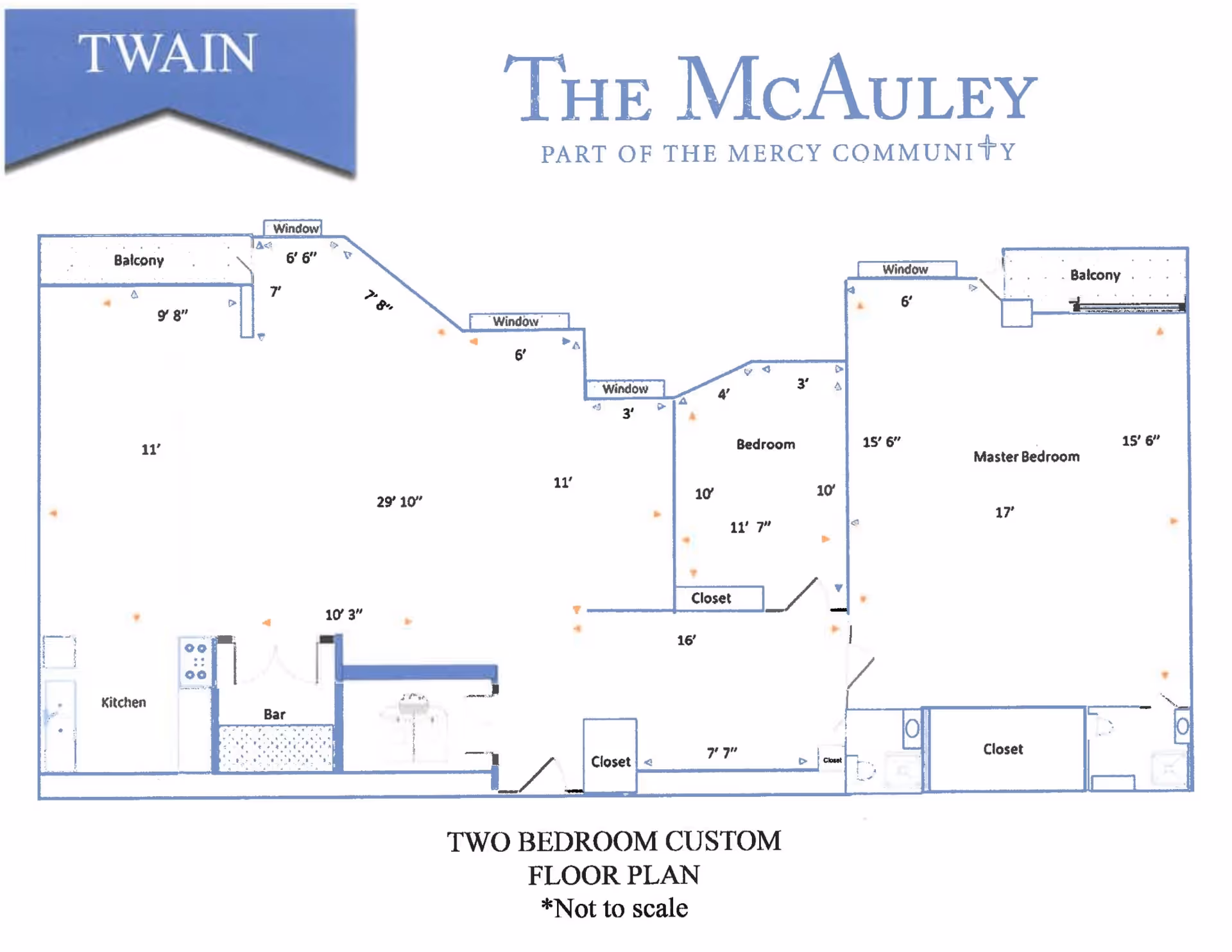 Floor plan layout of a two-bedroom custom apartment at The McAuley, showing dimensions for rooms including a kitchen, bar, living area, bedroom, master bedroom with balcony, closets, and windows. The plan is labeled 'TWAIN' and notes that it is not to scale.