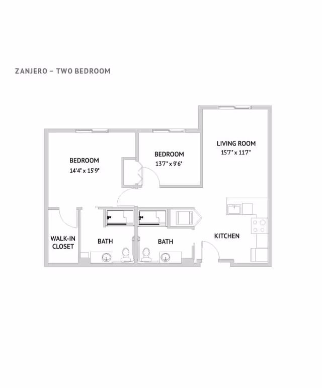 Two-bedroom floor plan labeled Zanjero showing a living room, kitchen, two bedrooms, two baths, and a walk-in closet.