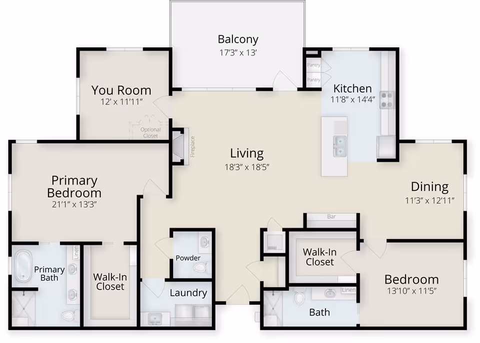 Top-down floor plan showing a central living area with kitchen, dining, balcony, primary bedroom with en-suite and walk-in closet, a second bedroom, laundry, and additional bathrooms and closets.