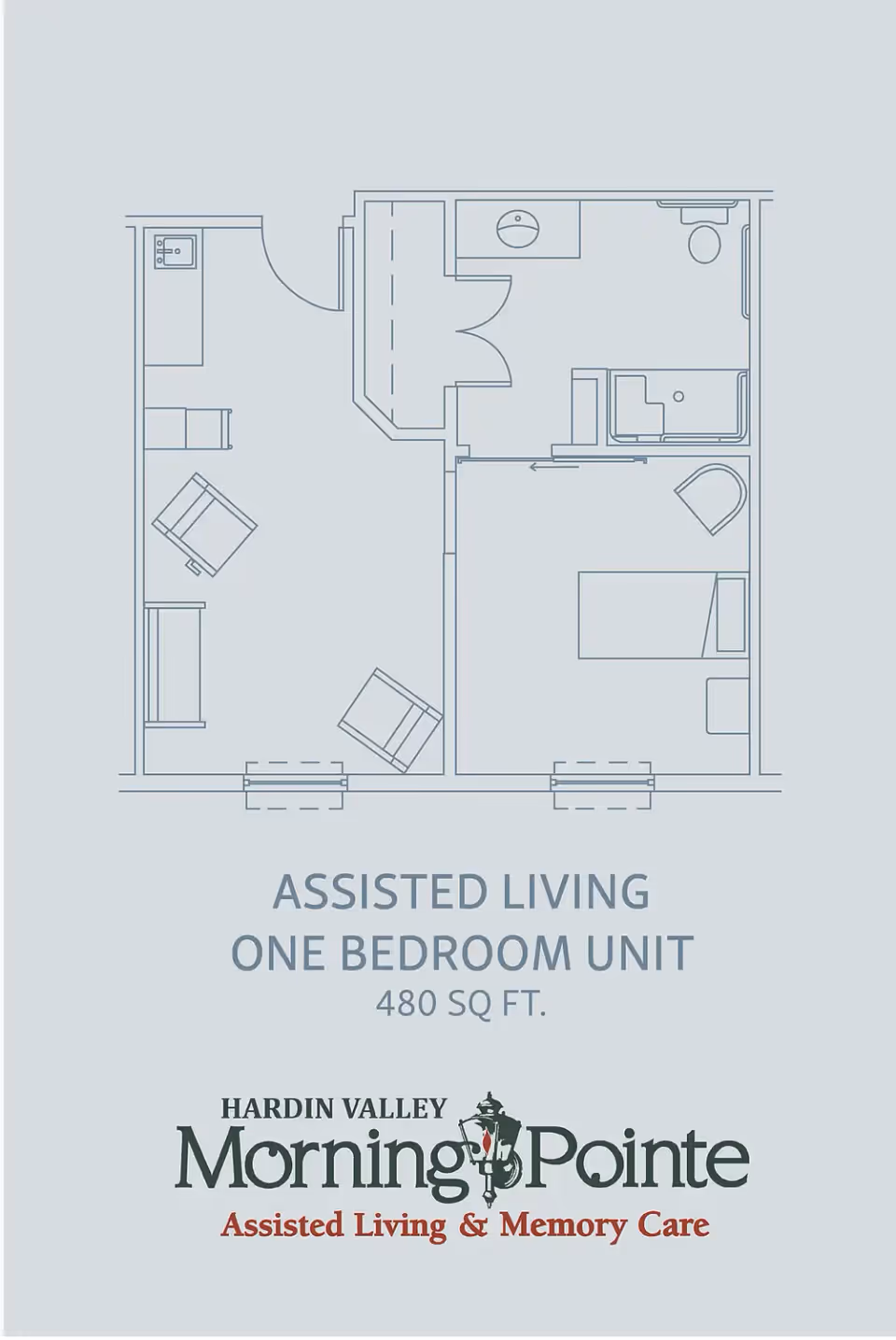 Floor plan of an assisted living one-bedroom unit measuring 480 square feet, showing a living area with furniture, a bedroom with a bed and chair, a bathroom with a sink, toilet, and shower, and an entry area with a closet.