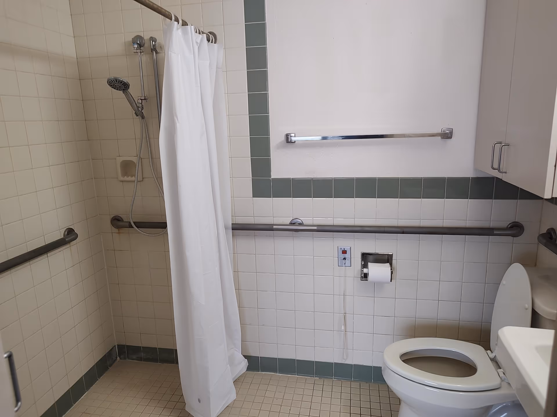 Accessible bathroom with a toilet, grab bars, a shower with a white curtain and handheld showerhead.