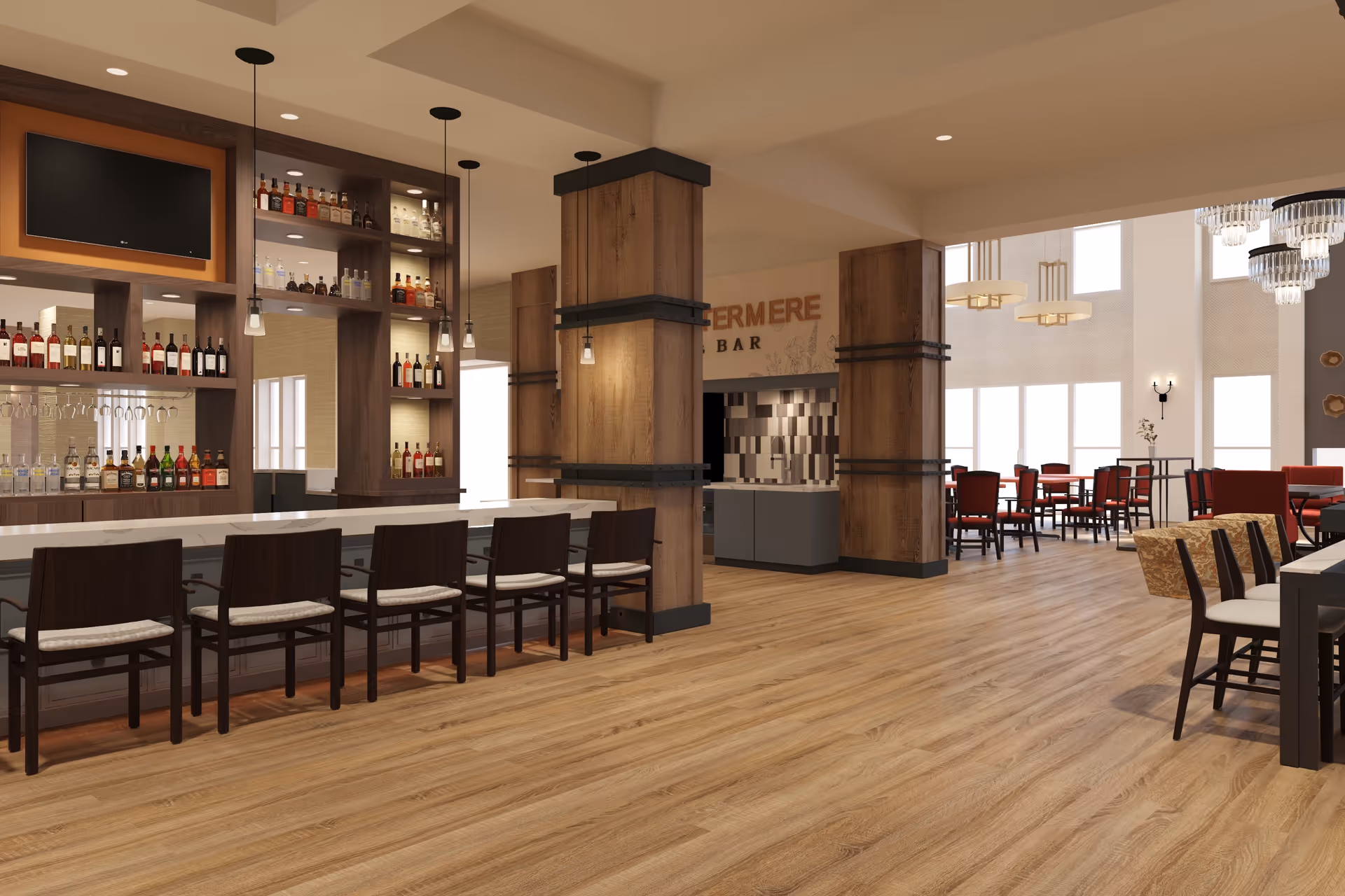 Interior view of a modern bar area with a long counter and several bar stools. Behind the counter, shelves are stocked with various bottles of alcohol and glassware. The space features wooden flooring, large wooden pillars, and a seating area with tables and chairs in the background. The area is well-lit with pendant lights and large windows allowing natural light.