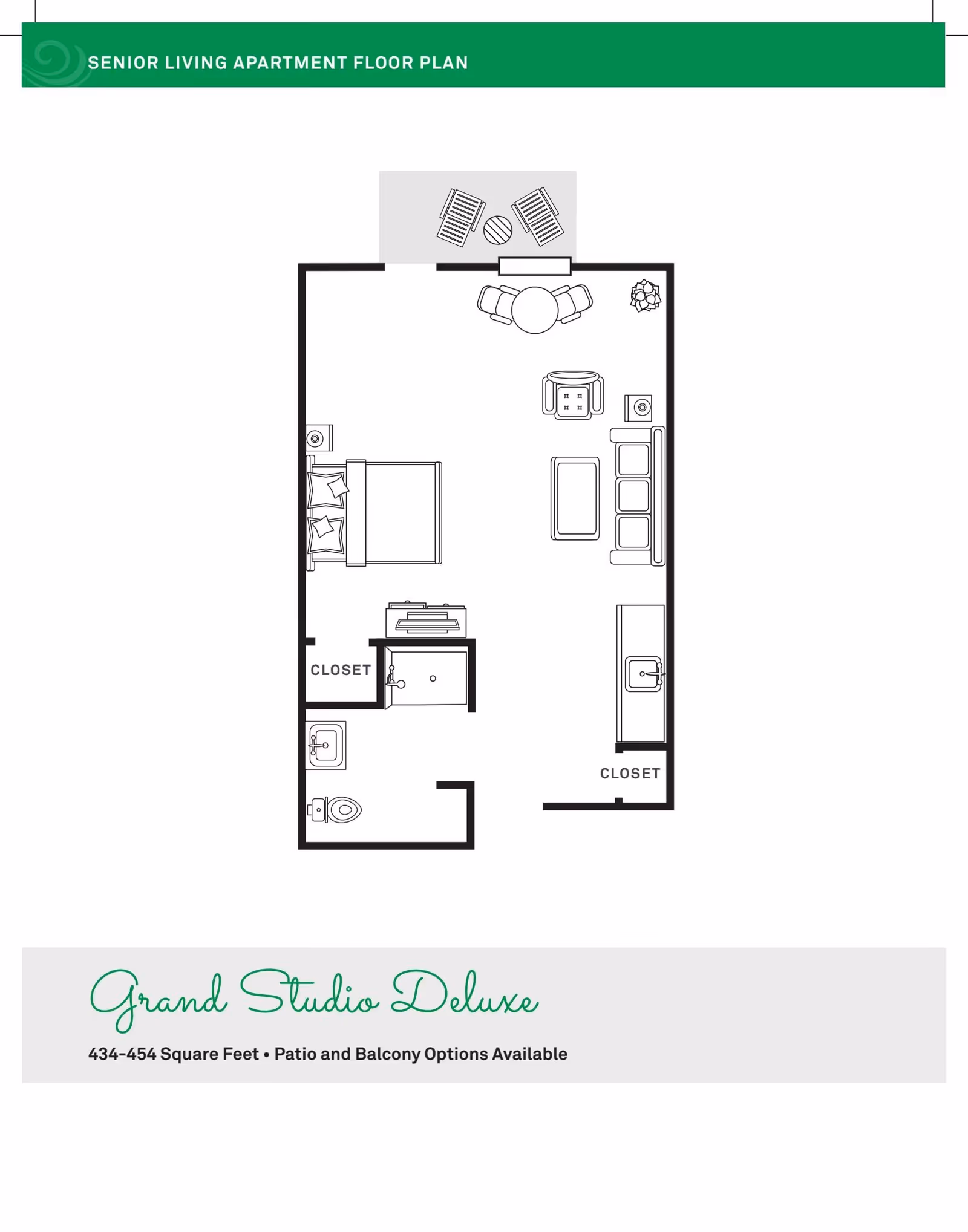 Floor plan of a senior living apartment named Grand Studio Deluxe, showing a combined living and sleeping area with a bed, sofa, armchair, coffee table, dining table with chairs, kitchen area with sink, two closets, a bathroom with toilet and sink, and a patio with two chairs and a small table.