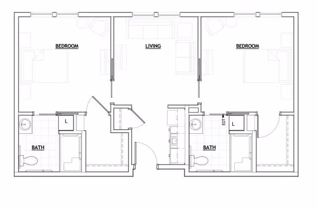 Architectural floor plan of a two-bedroom apartment with a central living area, two bathrooms, and labeled rooms.
