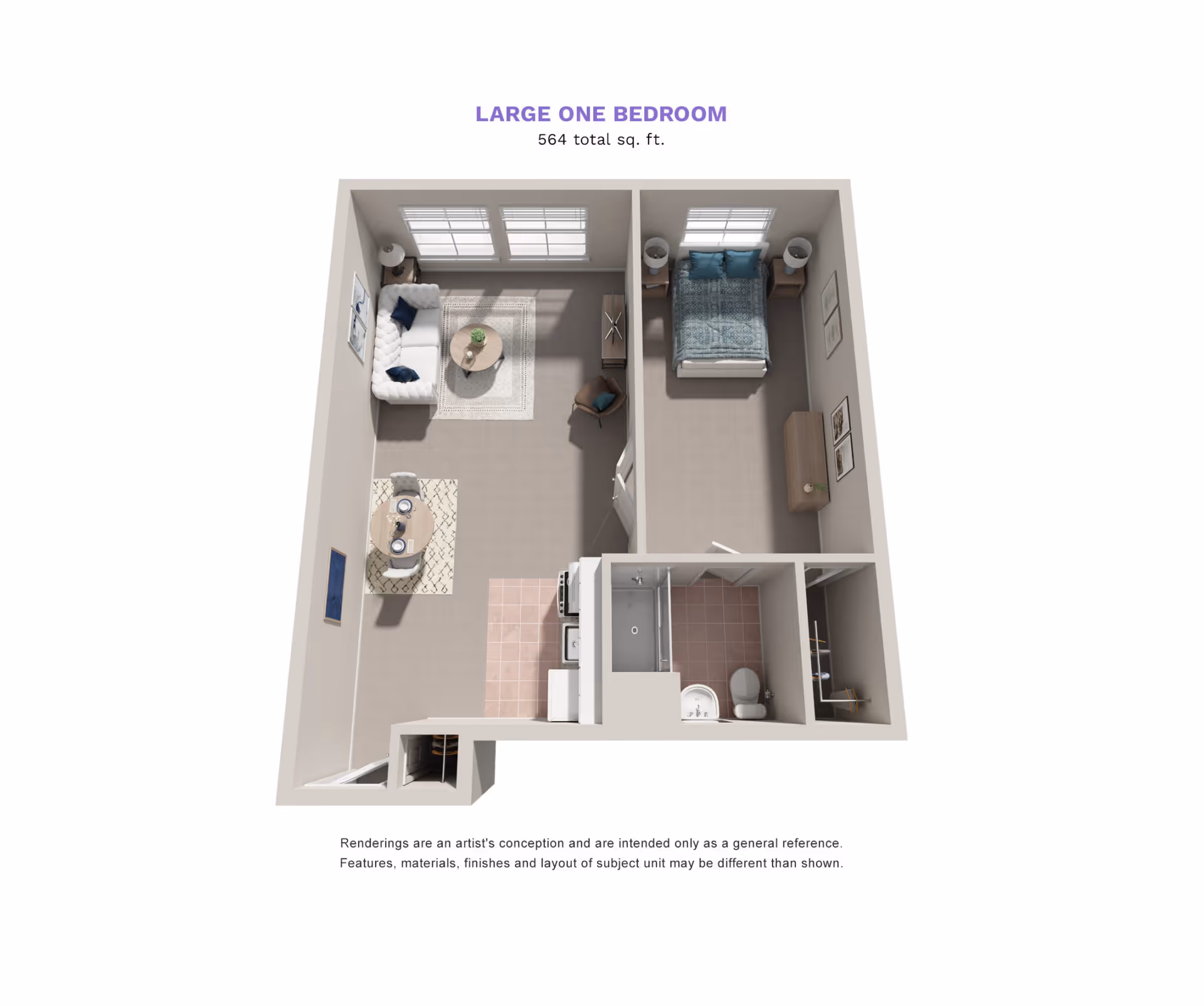 3D floor plan of a large one-bedroom apartment with 564 total square feet. The layout includes a living room with a sofa, coffee table, and chair, a dining area with a small table and two chairs, a kitchen with appliances, a bedroom with a bed and nightstands, and a bathroom with a shower, toilet, and sink.