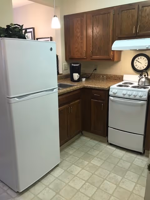 Compact kitchen with a white refrigerator and stove, oak cabinets, a countertop sink, and a coffee maker.
