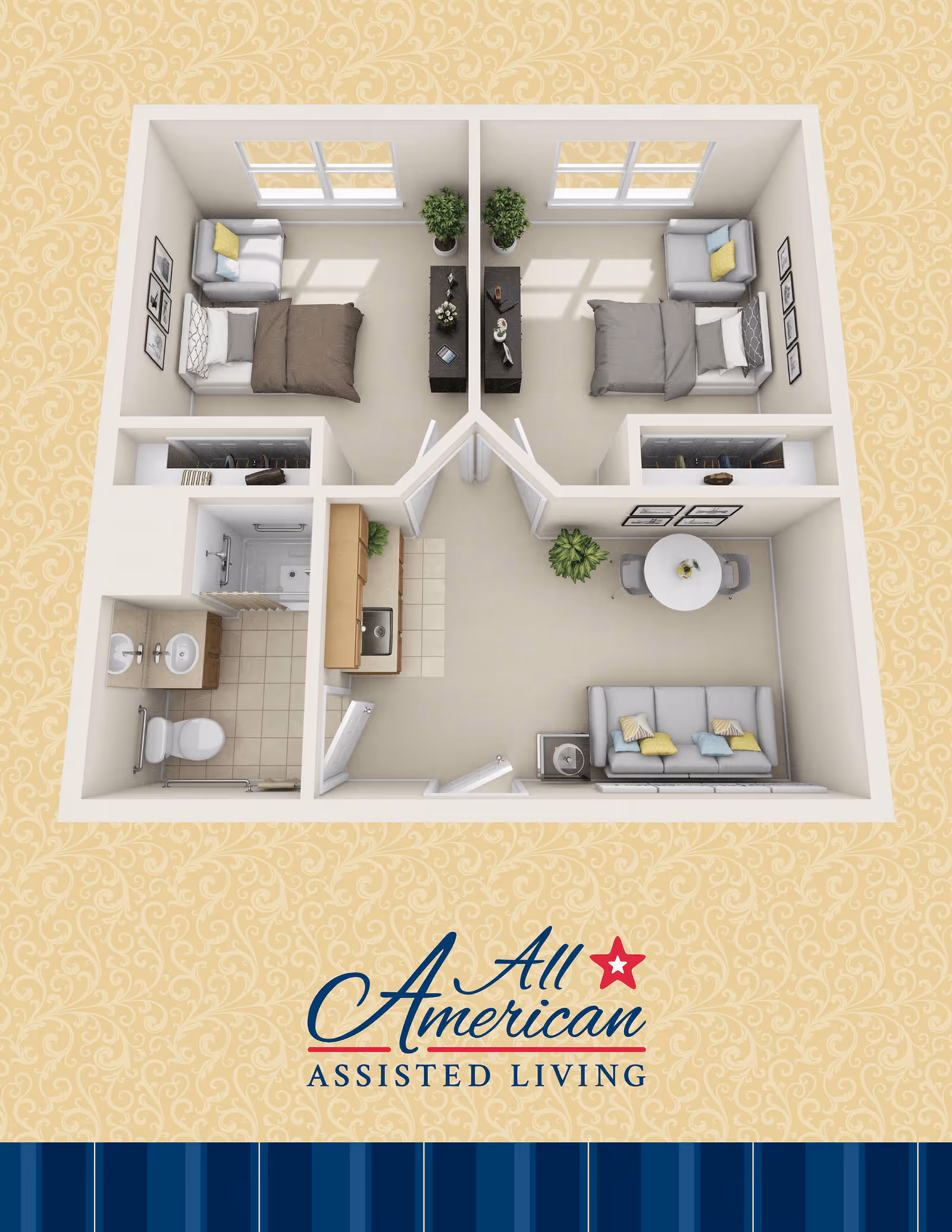 3D floor plan of an assisted living apartment featuring two bedrooms each with a bed, chair, and side table. The apartment includes a bathroom with a toilet, double sink, and shower, a kitchen area with a sink and cabinets, and a living room with a sofa, round dining table with chairs, and plants. The layout is shown from a top-down perspective.