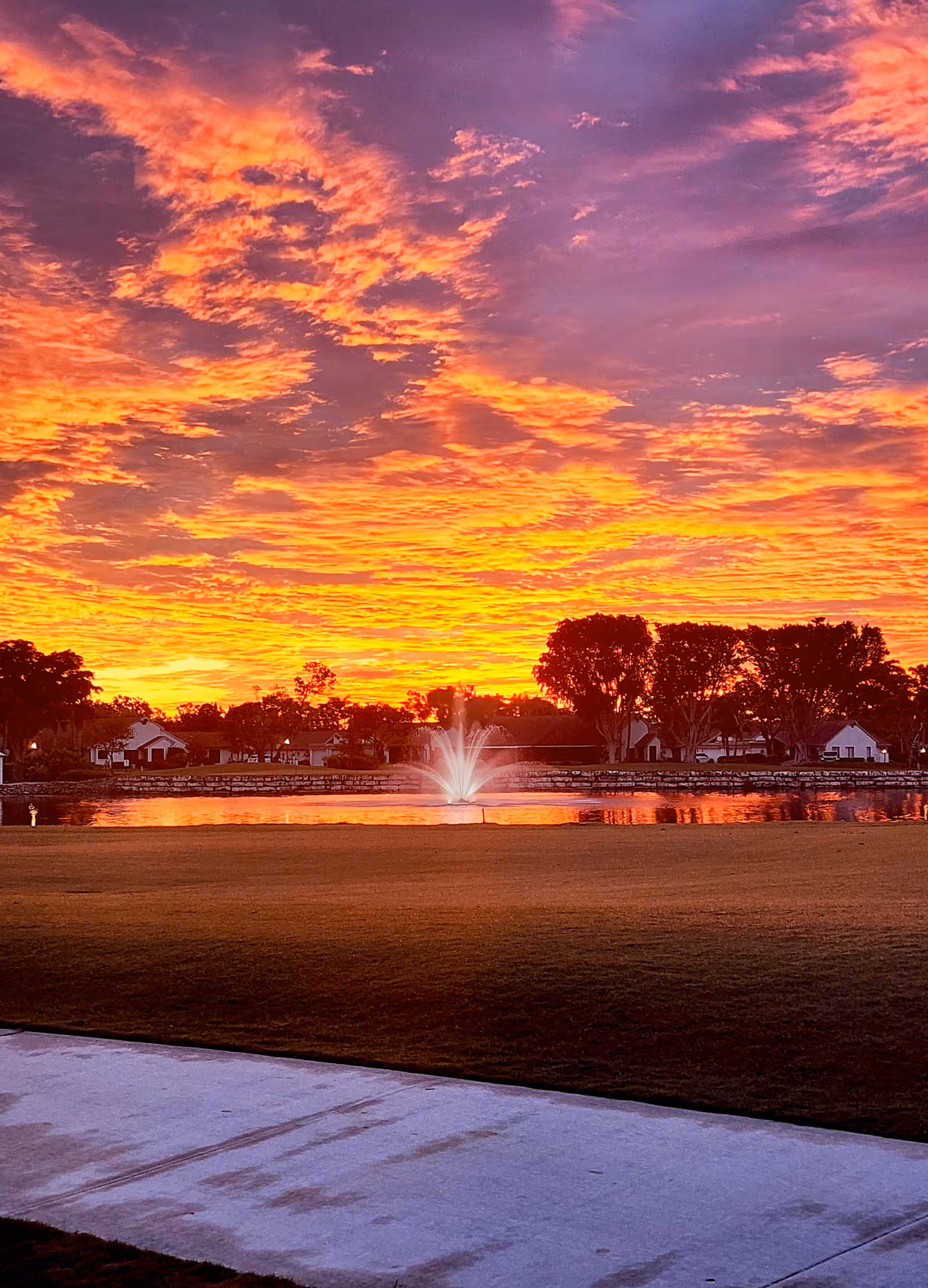 Vibrant orange and purple sunset over a lake with a central fountain, silhouetted trees and houses, and a foreground lawn and walkway.