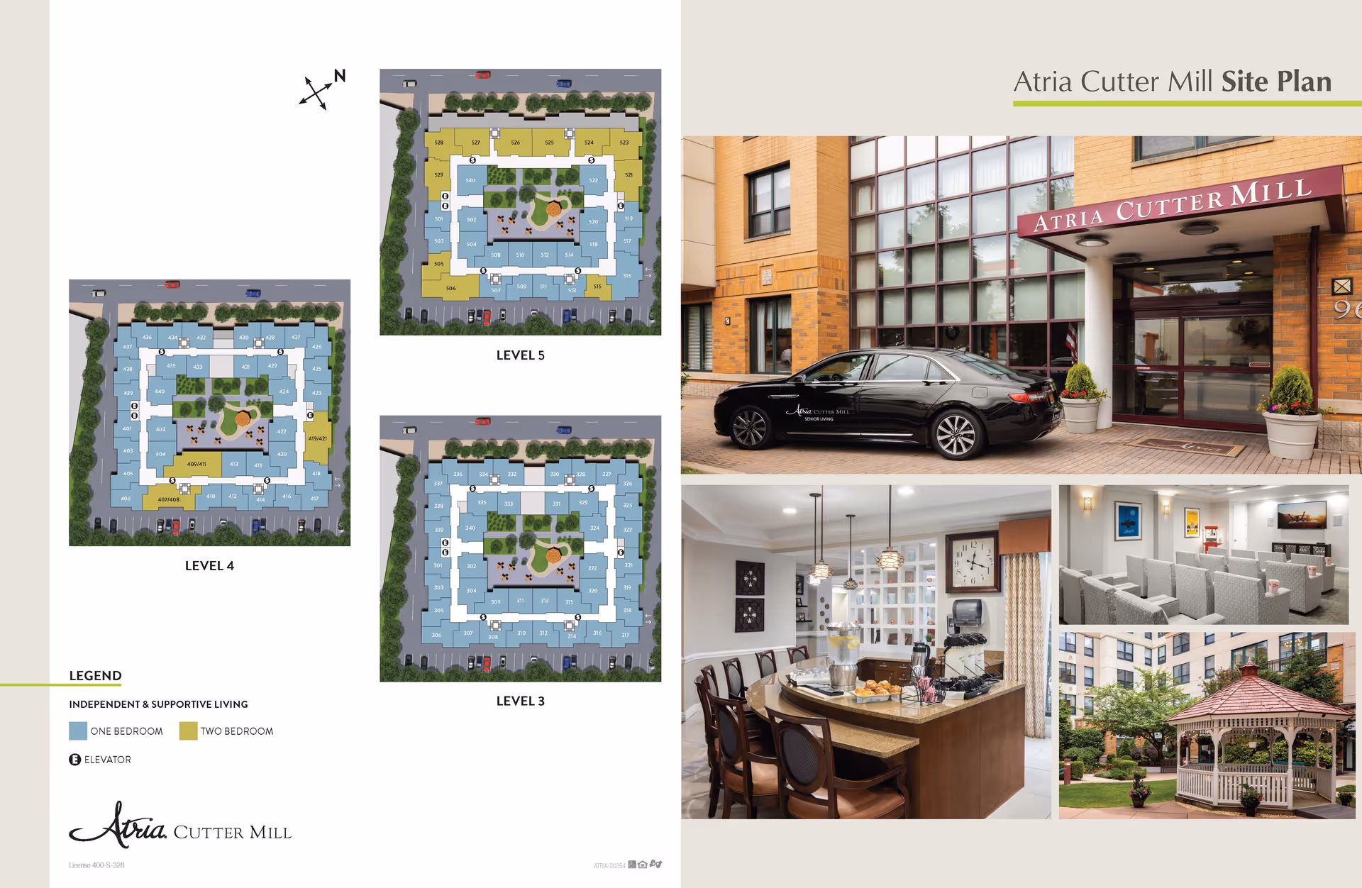 Atria Cutter Mill site plan showing floor layouts for levels 3, 4, and 5 with color-coded one and two-bedroom units and elevator locations. Accompanying photos include the building's front entrance with a black car parked outside, a dining area with a kitchen island and chairs, a small theater or presentation room with rows of seating, and an outdoor garden area with a gazebo.